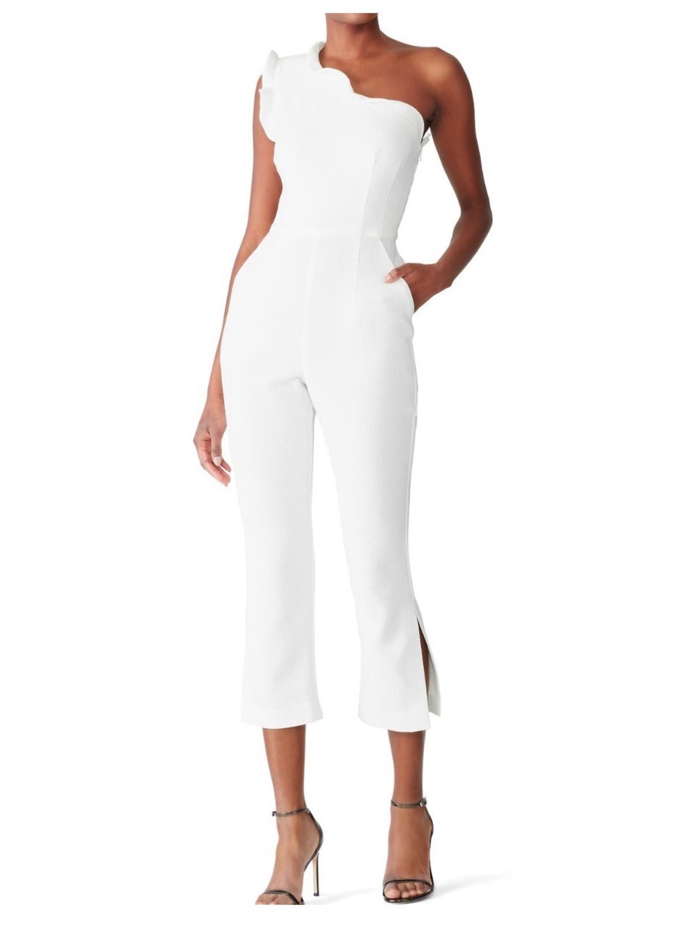 Black Halo One-Shoulder White Ruffle-Trim Jumpsuit